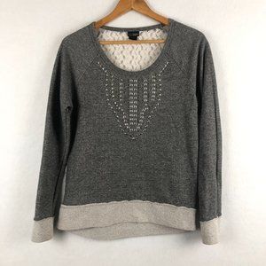 Daytrip Women's Size Large Grey Studded White Lace Long Sleeve Knit Top